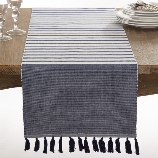 Everyday / All Season Navy Blue Ribbed Tassel Table Runner, 100% cotton