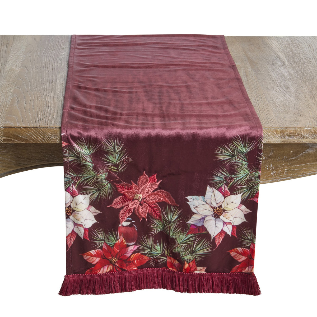 Christmas Red Velvet Poinsettia Table Runner, 100% polyester
