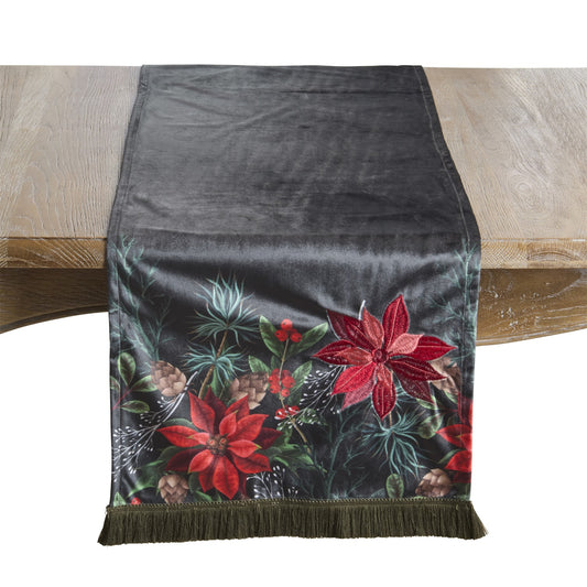 Christmas Green Velvet Poinsettia Table Runner, 100% polyester