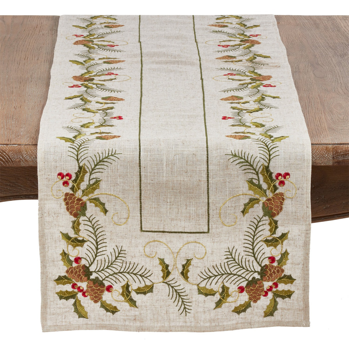 Christmas Natural Beige Embroidered Pinecone and Holly Table Runner, 80% polyester - 20% linen