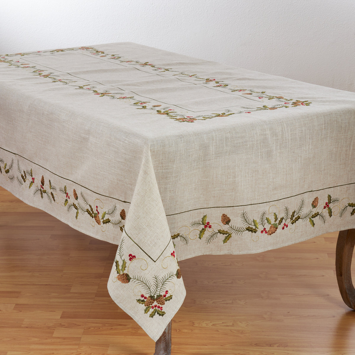 Natural Beige  Embroidered Pinecone and Holly Tablecloth  80% polyester - 20% linen