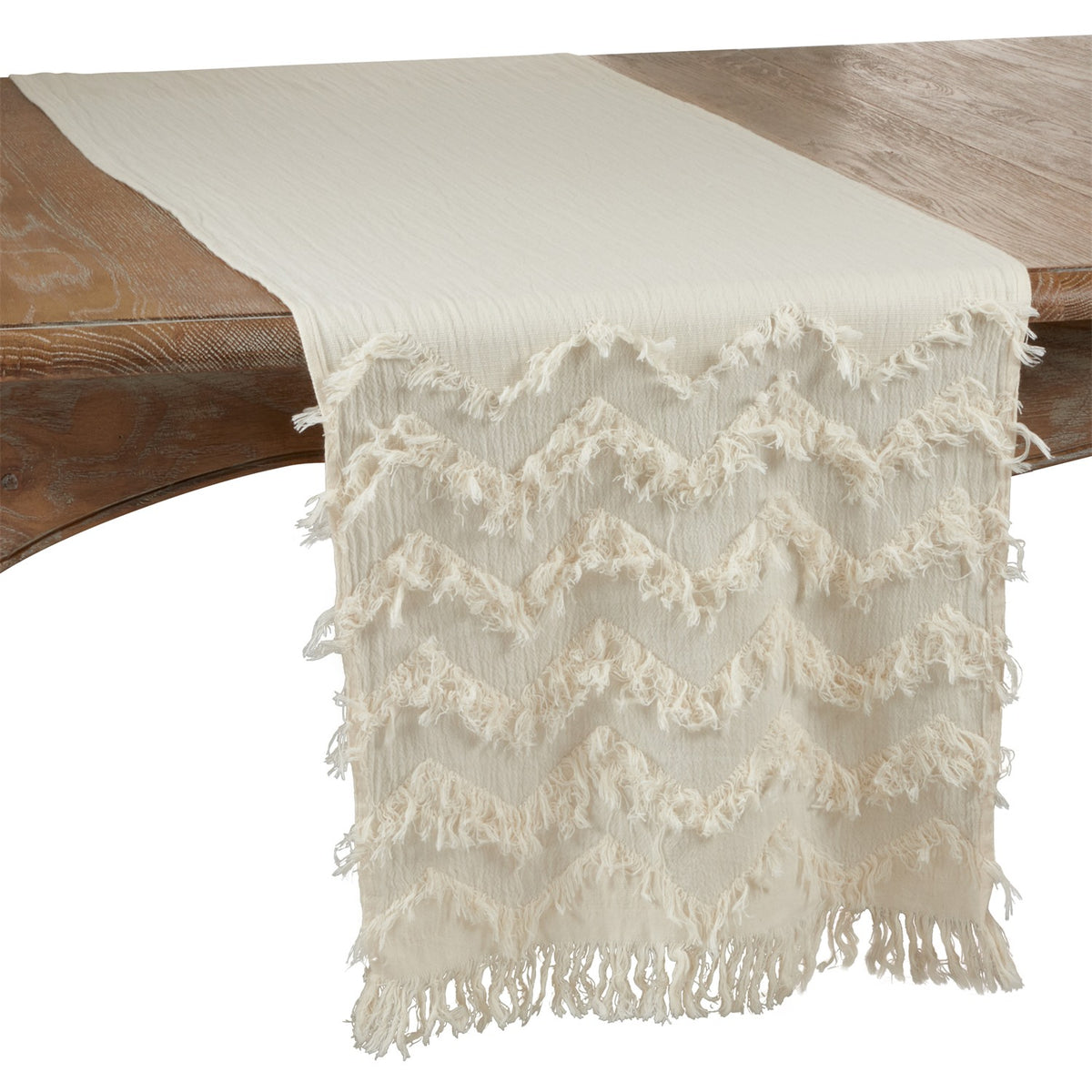 Everyday / All Season Ivory Off-White Fringe Chevron Table Runner, 100% cotton