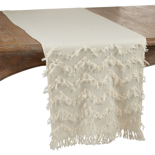 Everyday / All Season Ivory Off-White Fringe Chevron Table Runner, 100% cotton