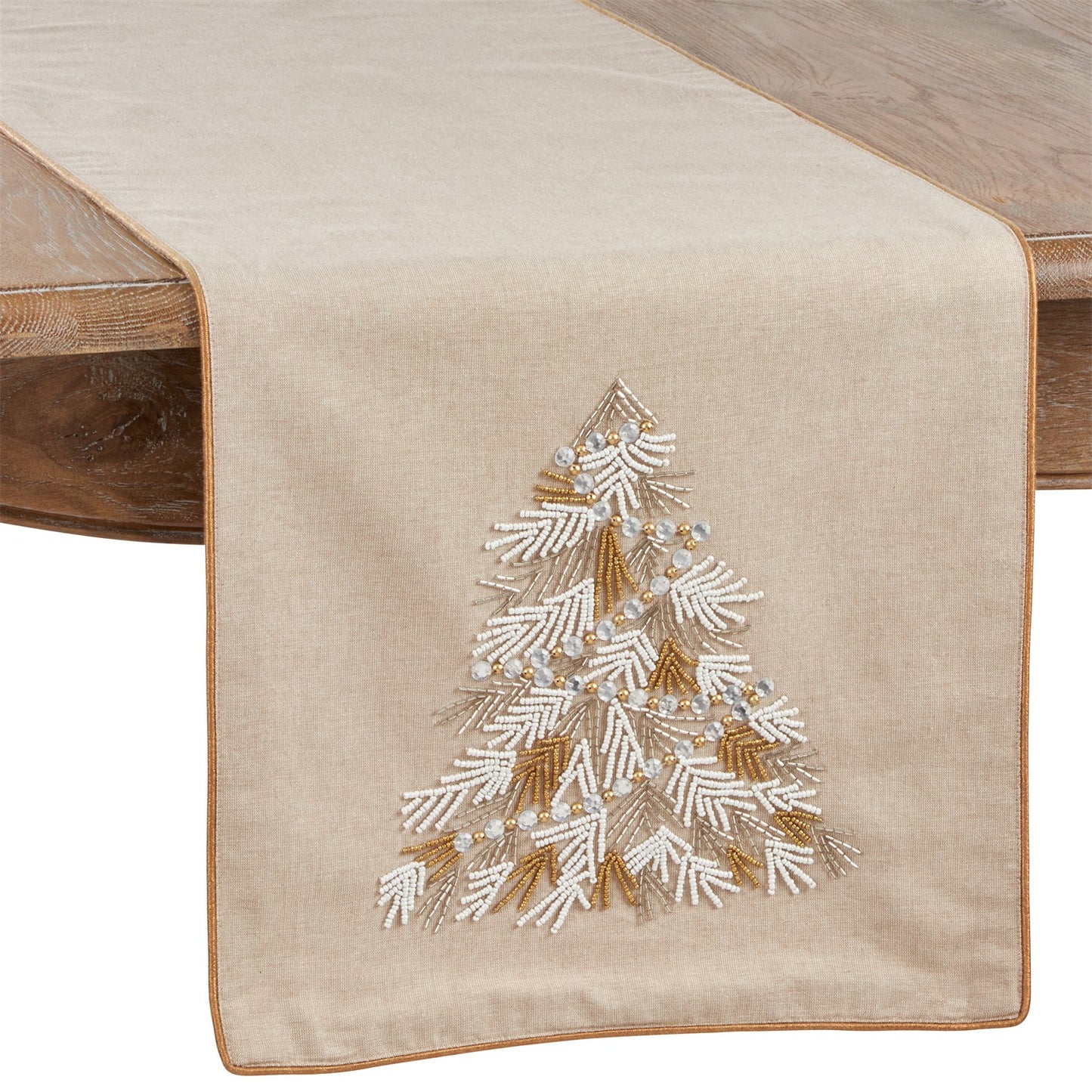 Christmas Gold Beaded Christmas Tree Table Runner, 100% cotton