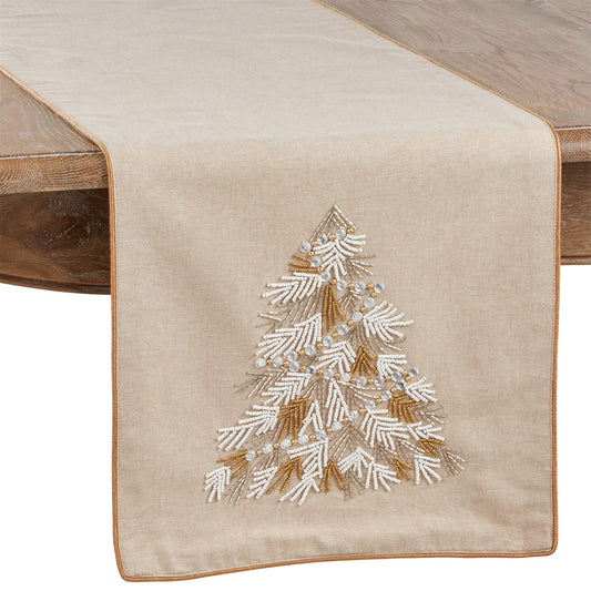 Christmas Gold Beaded Christmas Tree Table Runner, 100% cotton