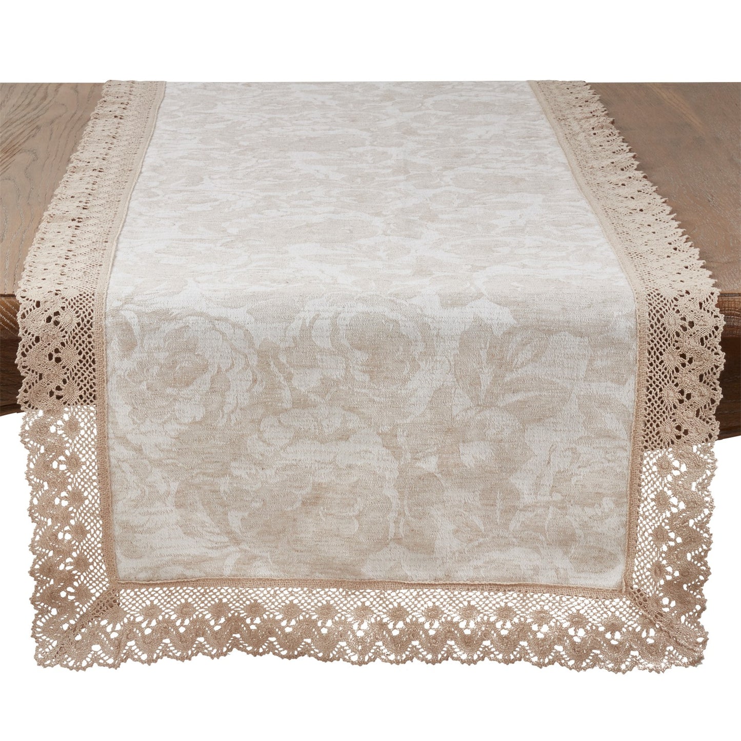 Everyday / All Season Natural Beige Jacquard Lace Trim Table Runner, 80% cotton - 20% linen