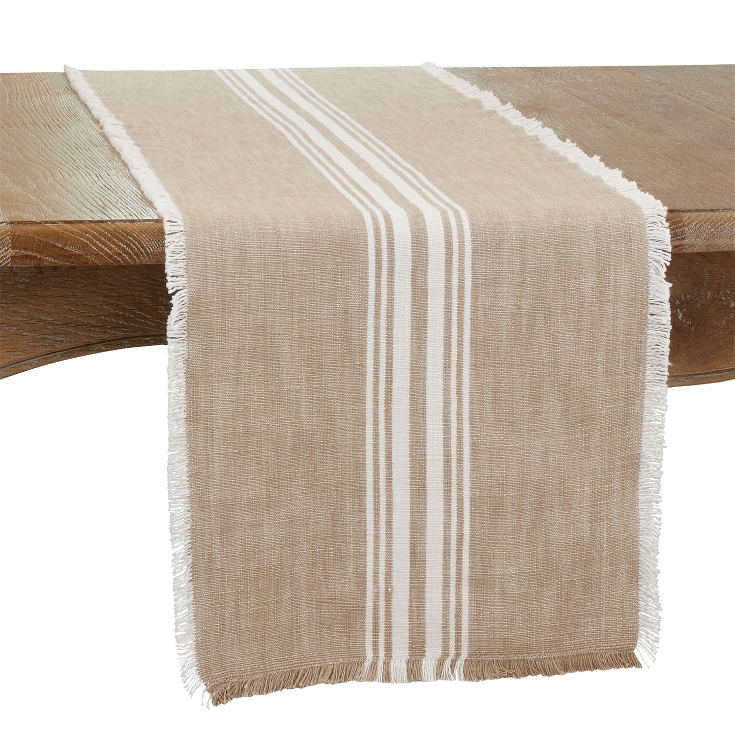Everyday / All Season Natural Beige Striped Fringe Table Runner, 100% cotton