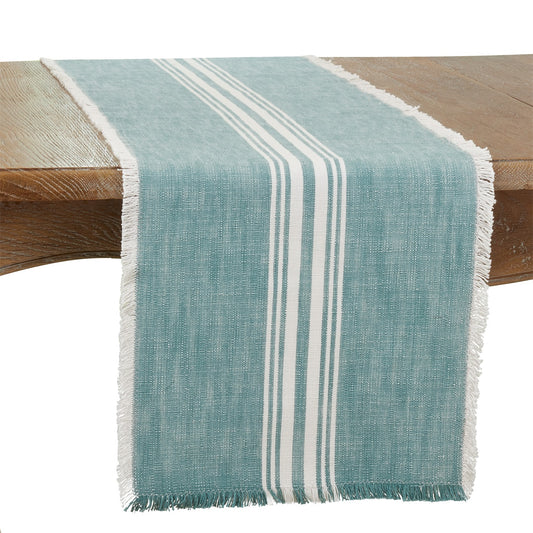 Everyday / All Season Turquoise Blue Striped Fringe Table Runner, 100% cotton