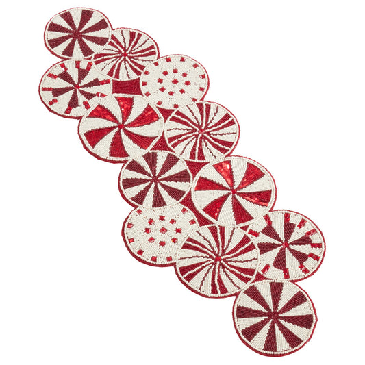 Christmas Red Beaded Candy Cane Table Runner, 100% glass beads