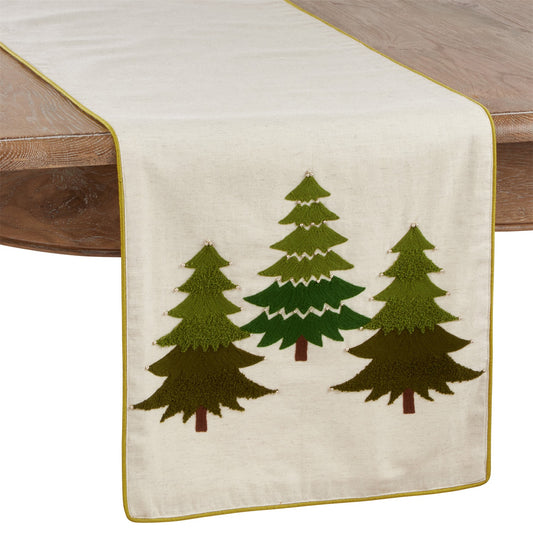 Christmas Green Embroidered Christmas Tree Table Runner, 100% cotton
