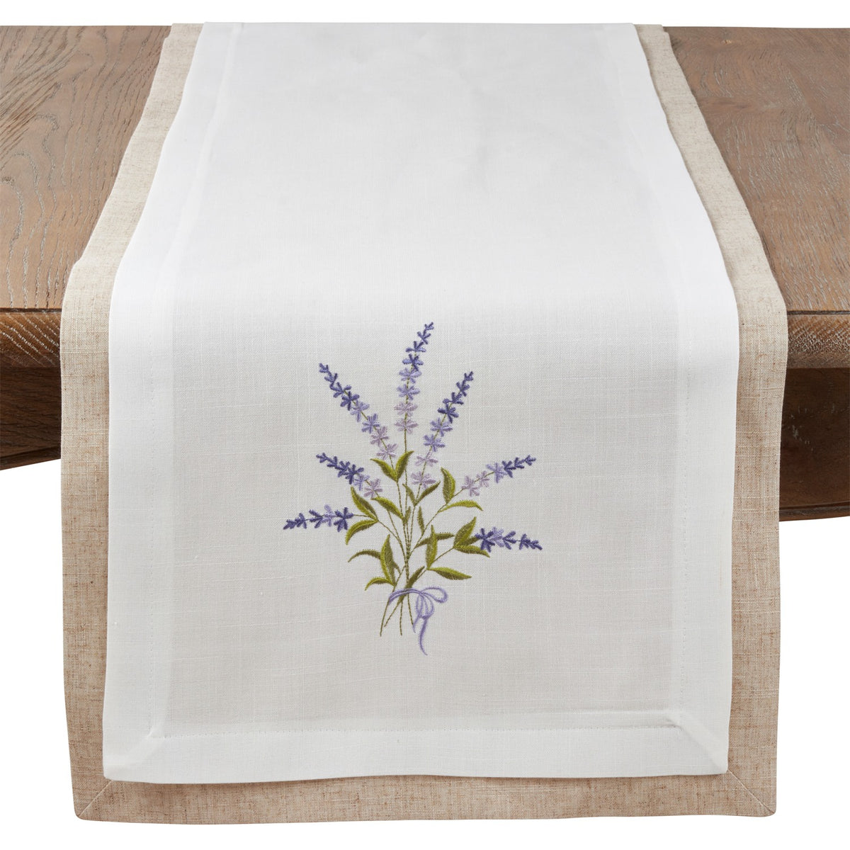 Everyday / All Season Ivory Off-White Double Layer Lavender Table Runner, 100% polyester; Border: 80% polyester - 20% linen