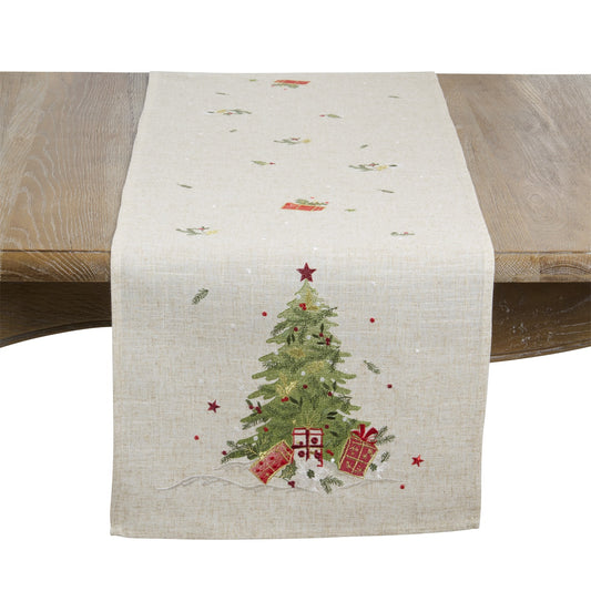 Christmas Natural Beige Christmas Tree Table Runner, 85% polyester - 15% linen