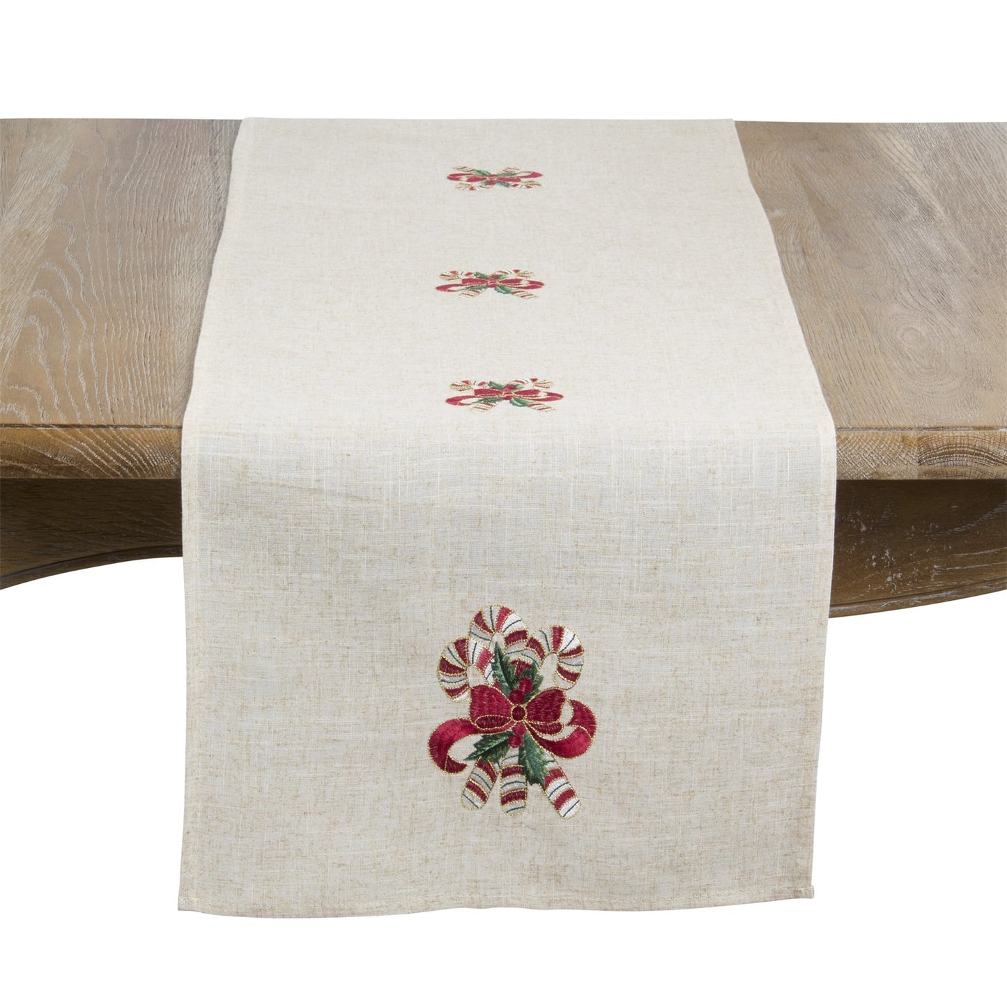 Christmas Natural Beige Candy Cane Table Runner, 85% polyester - 15% linen