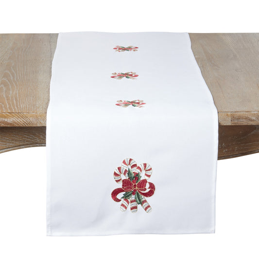 Christmas White Candy Cane Table Runner, 100% polyester