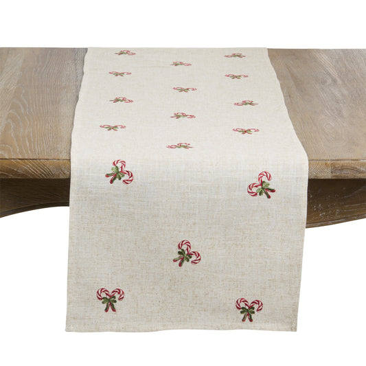 Christmas Natural Beige Candy Cane Table Runner, 85% polyester - 15% linen