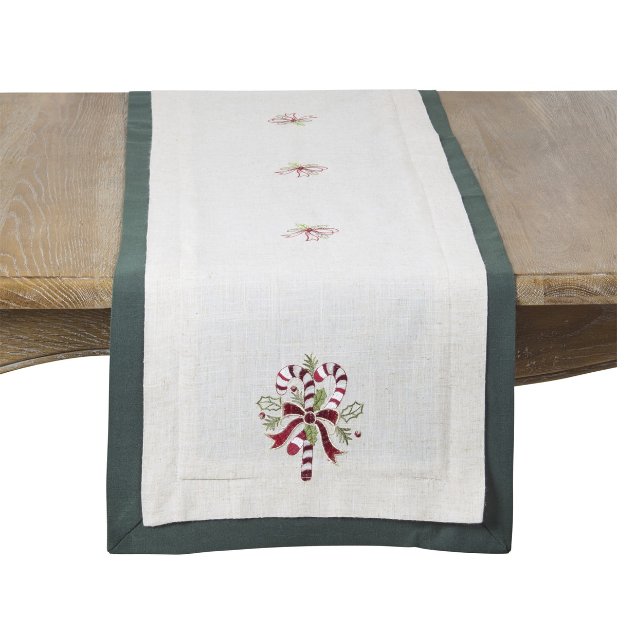 Christmas Natural/Green Candy Cane Table Runner, 85% polyester - 15% linen