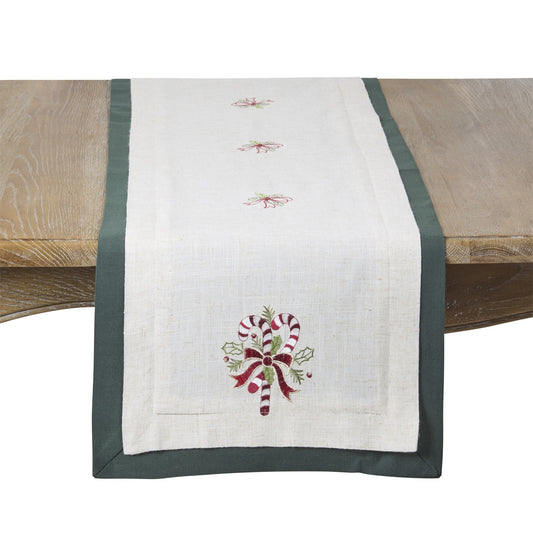 Christmas Natural/Green Candy Cane Table Runner, 85% polyester - 15% linen