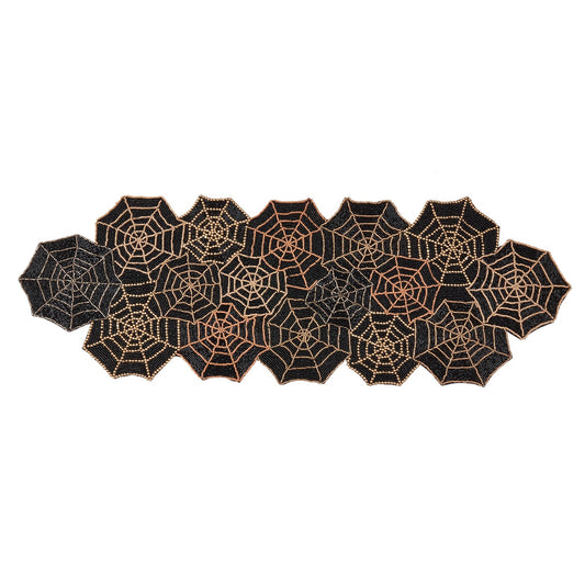 Halloween Dark Gold Beaded Spiderweb Table Runner, 100% glass beads