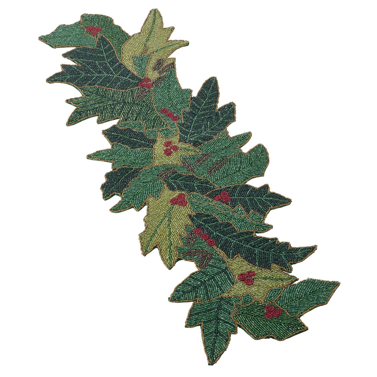 Christmas Green Beaded Holly Design Table Runner, 95% GLASS BEADS - 5% POLYESTER