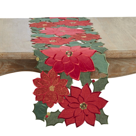 Christmas Red/Green Poinsettia Table Runner, 100% Polyester