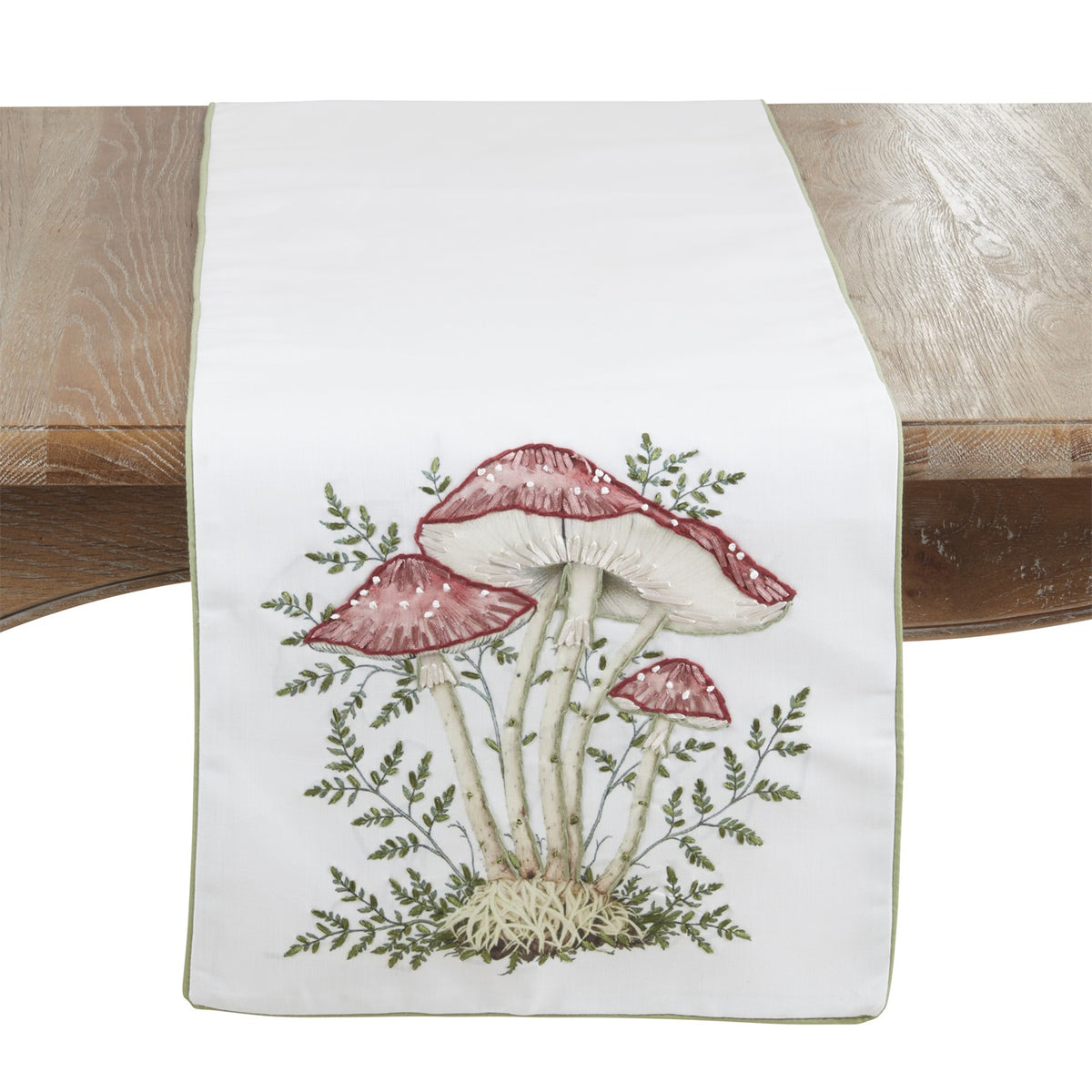 Everyday / All Season White Embroidered Mushroom Table Runner, 100% polyester
