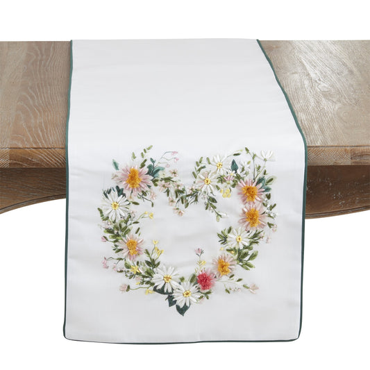 Everyday / All Season White Embroidered Floral Heart Table Runner, 100% polyester