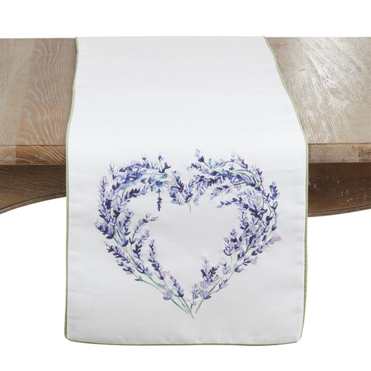 Everyday / All Season White Embroidered Lavender Heart Table Runner, 100% polyester