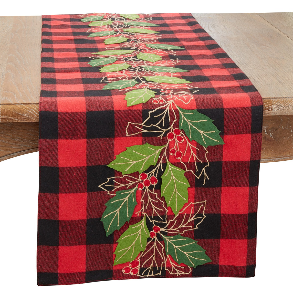 Christmas Red Buffalo Plaid Holly Leaves Table Runner, 60% polyester - 40% cotton