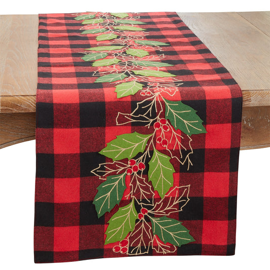 Christmas Red Buffalo Plaid Holly Leaves Table Runner, 60% polyester - 40% cotton