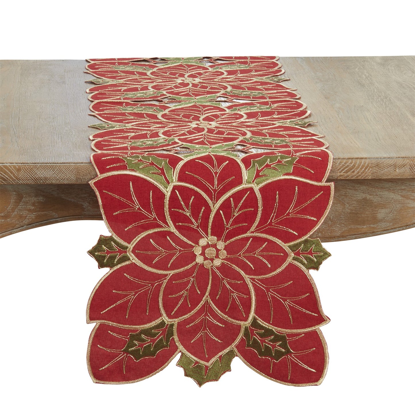 Christmas Red/Green Embroidered Poinsettia Table Runner, 100% polyester