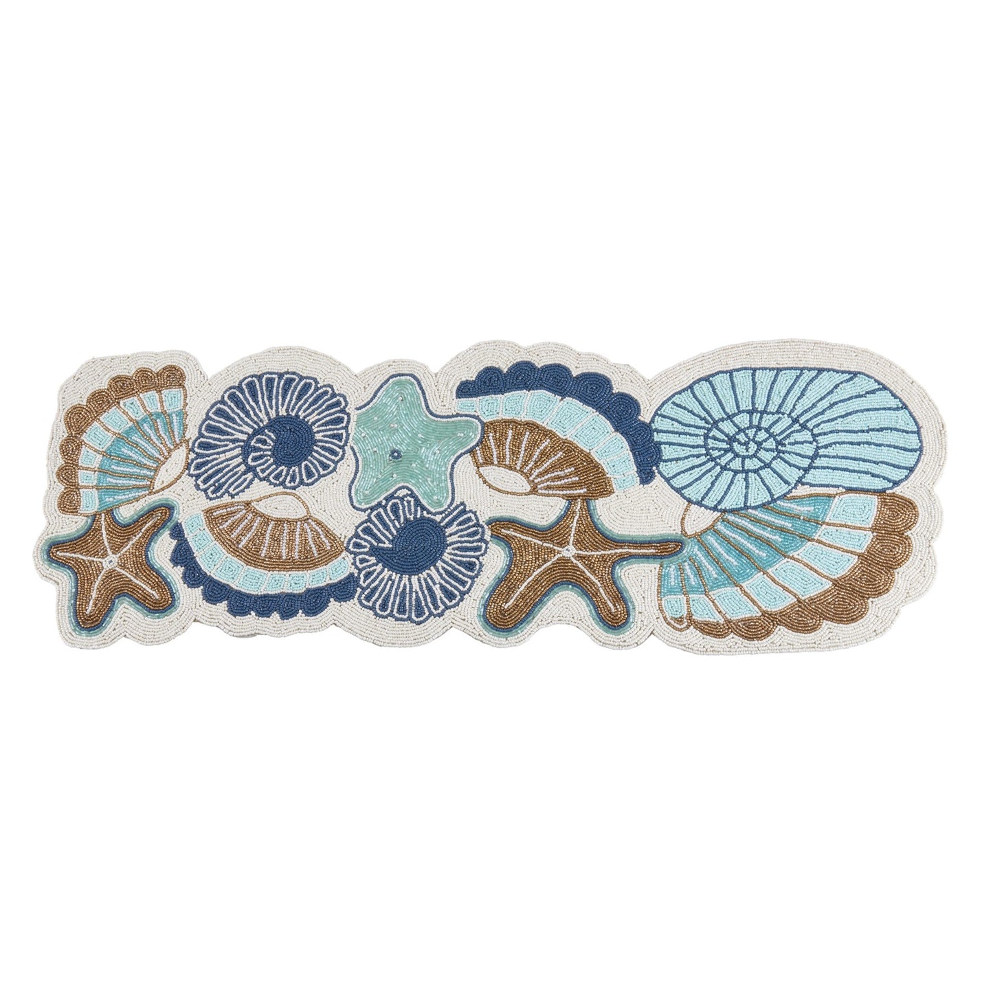 Everyday / All Season Aqua Blue Beaded Sea Shell Table Runner, 60% glass beads, 40% polyester