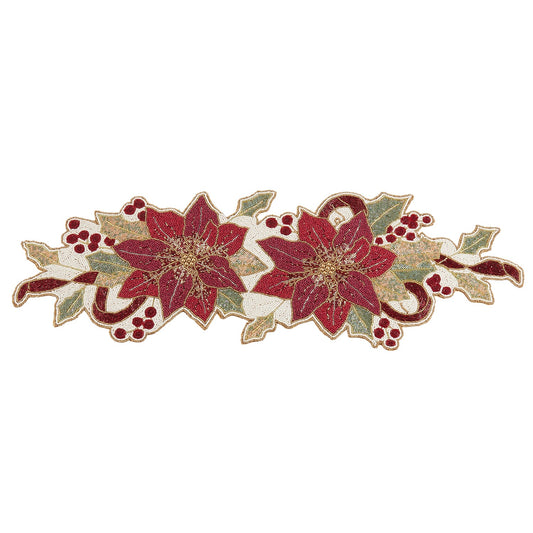 Christmas Red/Green Beaded Poinsettia Table Runner, 65% glass beads - 35% polyester