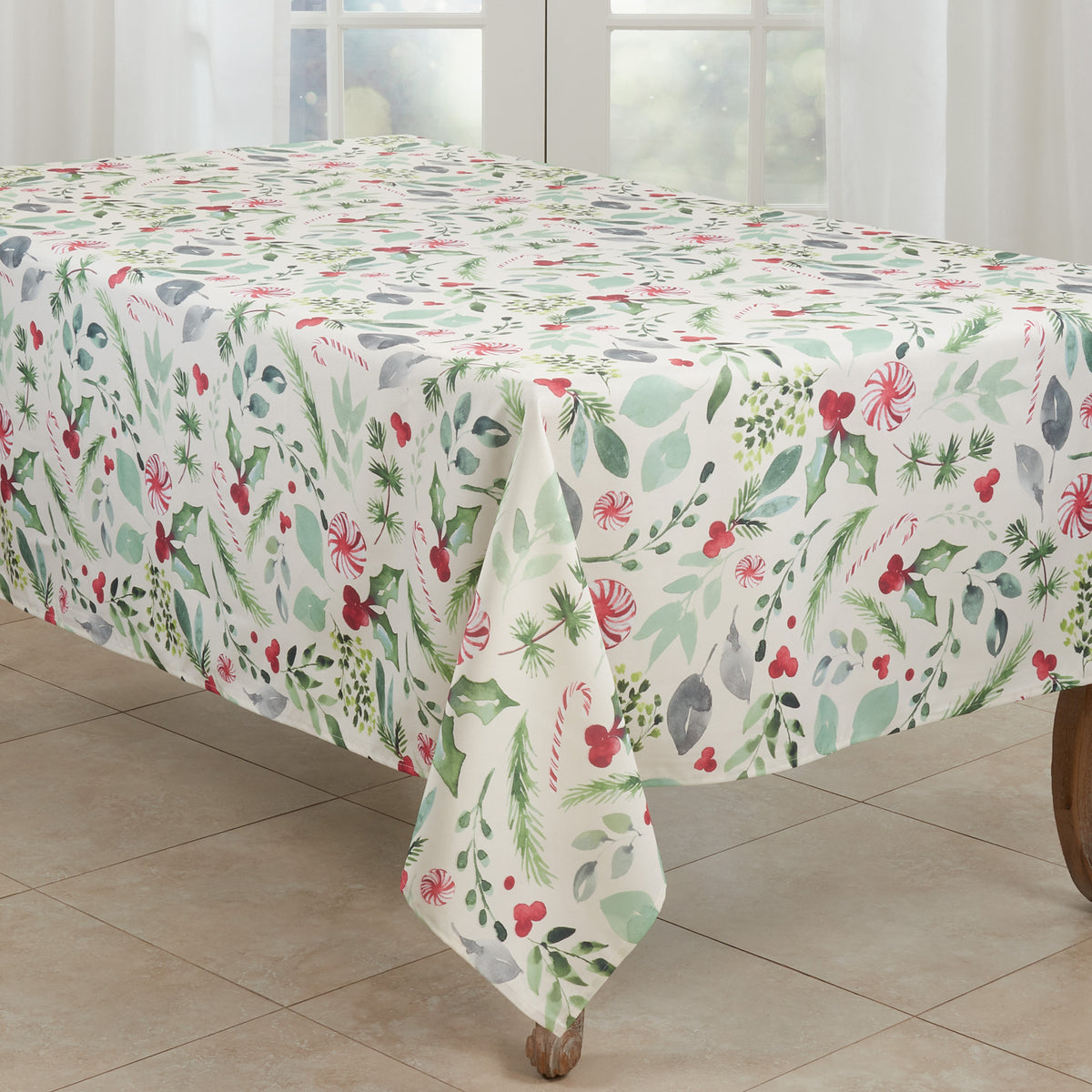 Multi  Christmas Foliage and Candy Canes Tablecloth  100% Polyester
