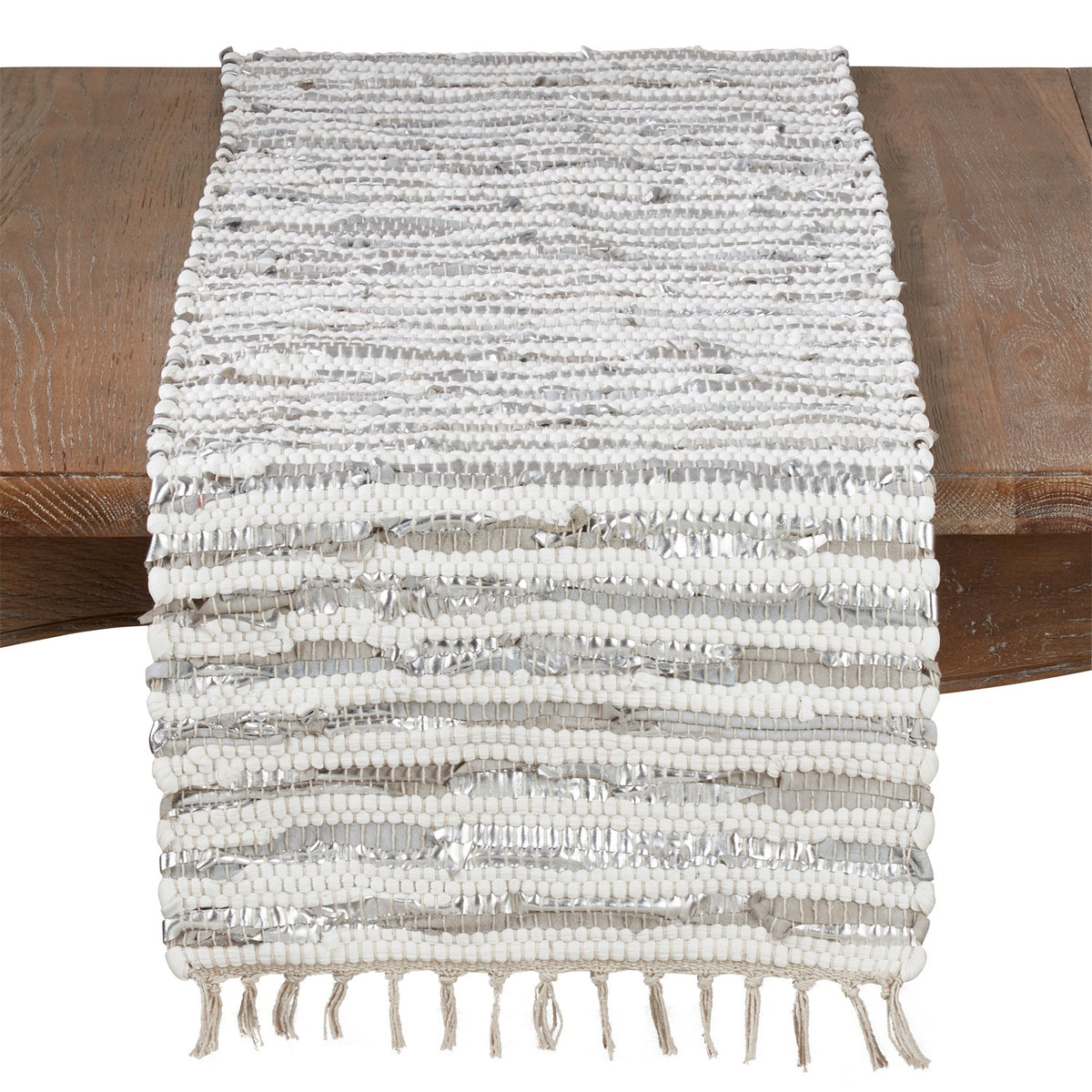 Everyday / All Season Silver Foil Strip Chindi Table Runner, 50% cotton - 50% leather