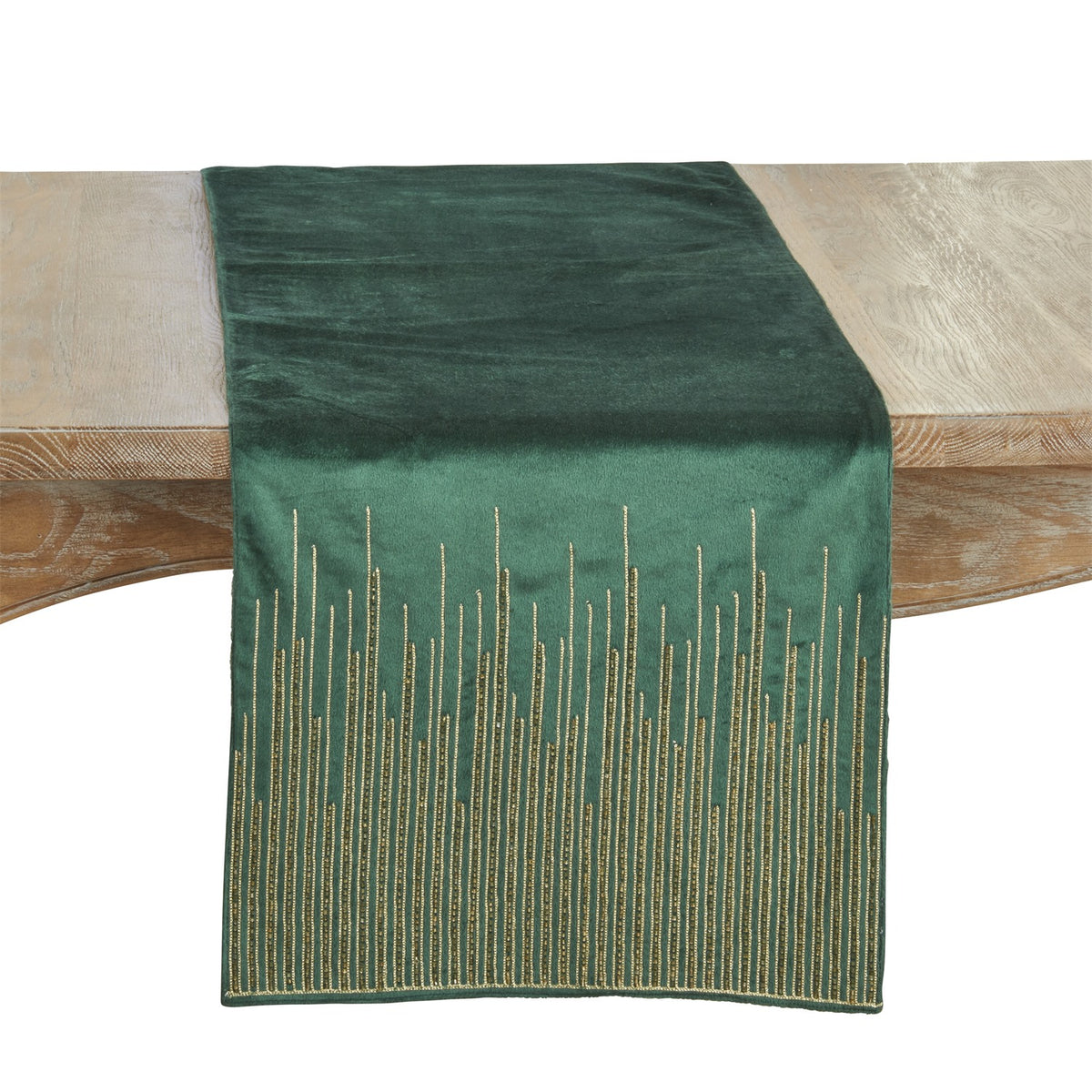 Everyday / All Season Green Velvet Beaded Lines Table Runner, 100% polyester velvet