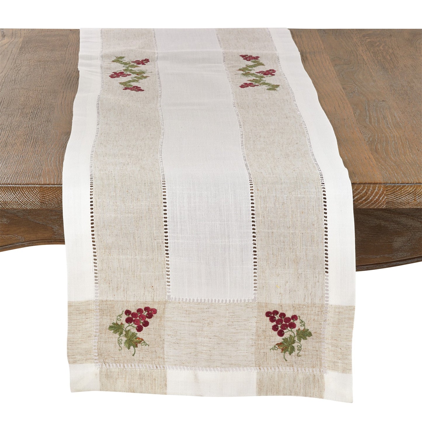 Everyday / All Season Ivory Off-White Embroidered Grape Hemstitch Table Runner, 94% polyester - 6% linen