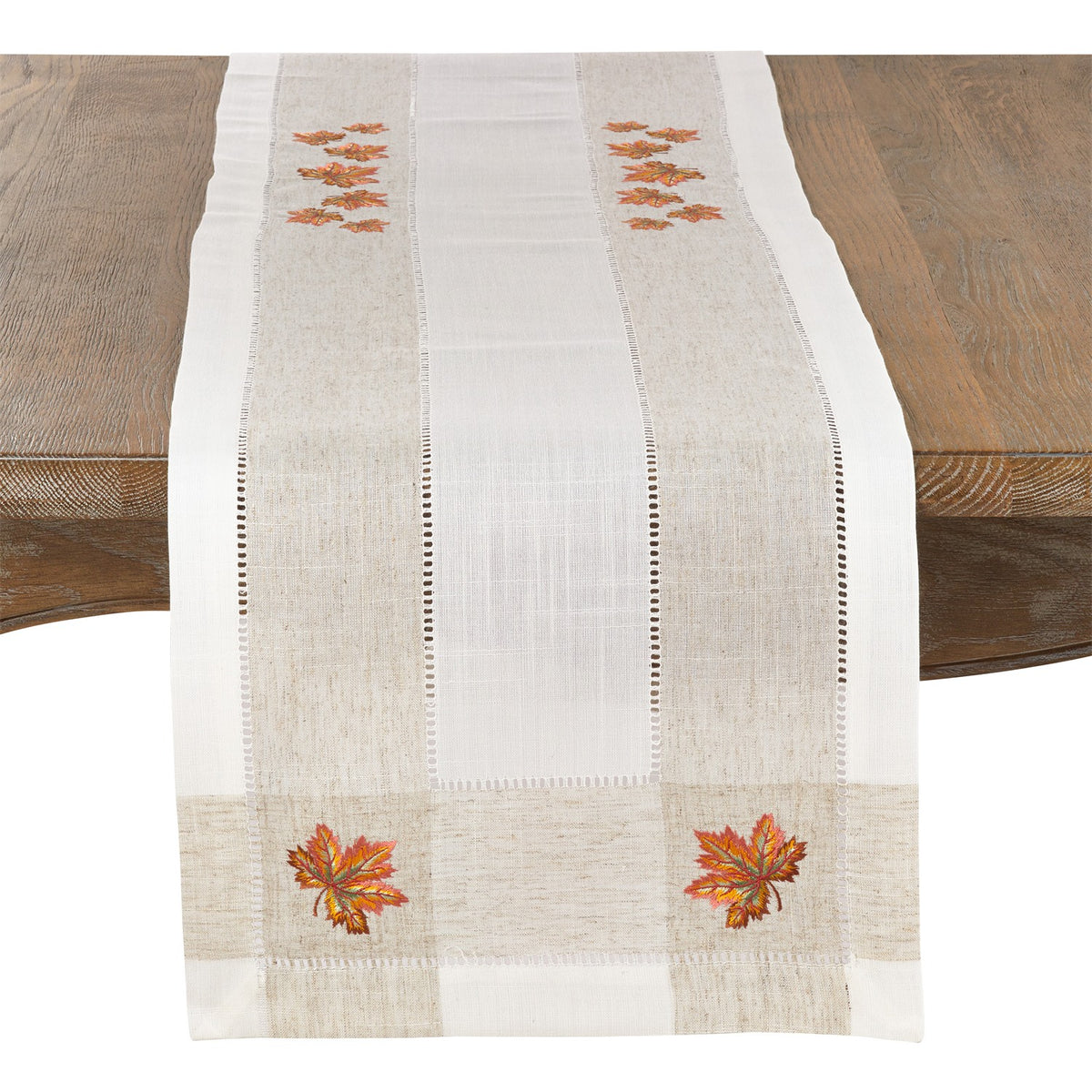 Everyday / All Season Ivory Off-White Embroidered Leaf Hemstitch Table Runner, 94% polyester - 6% linen