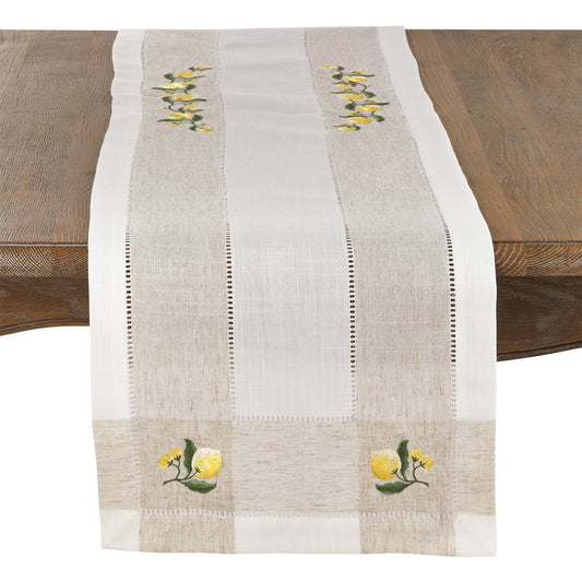 Everyday / All Season Ivory Off-White Embroidered Lemon Hemstitch Table Runner, 94% polyester - 6% linen
