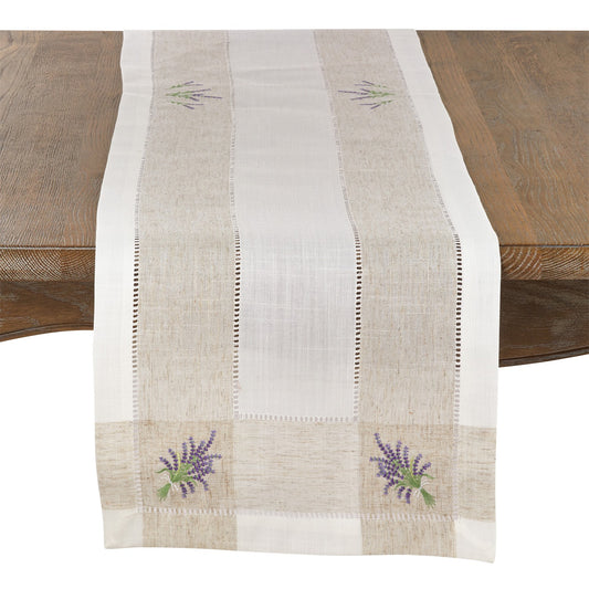 Everyday / All Season Ivory Off-White Embroidered Lavender Hemstitch Table Runner, 94% polyester - 6% linen