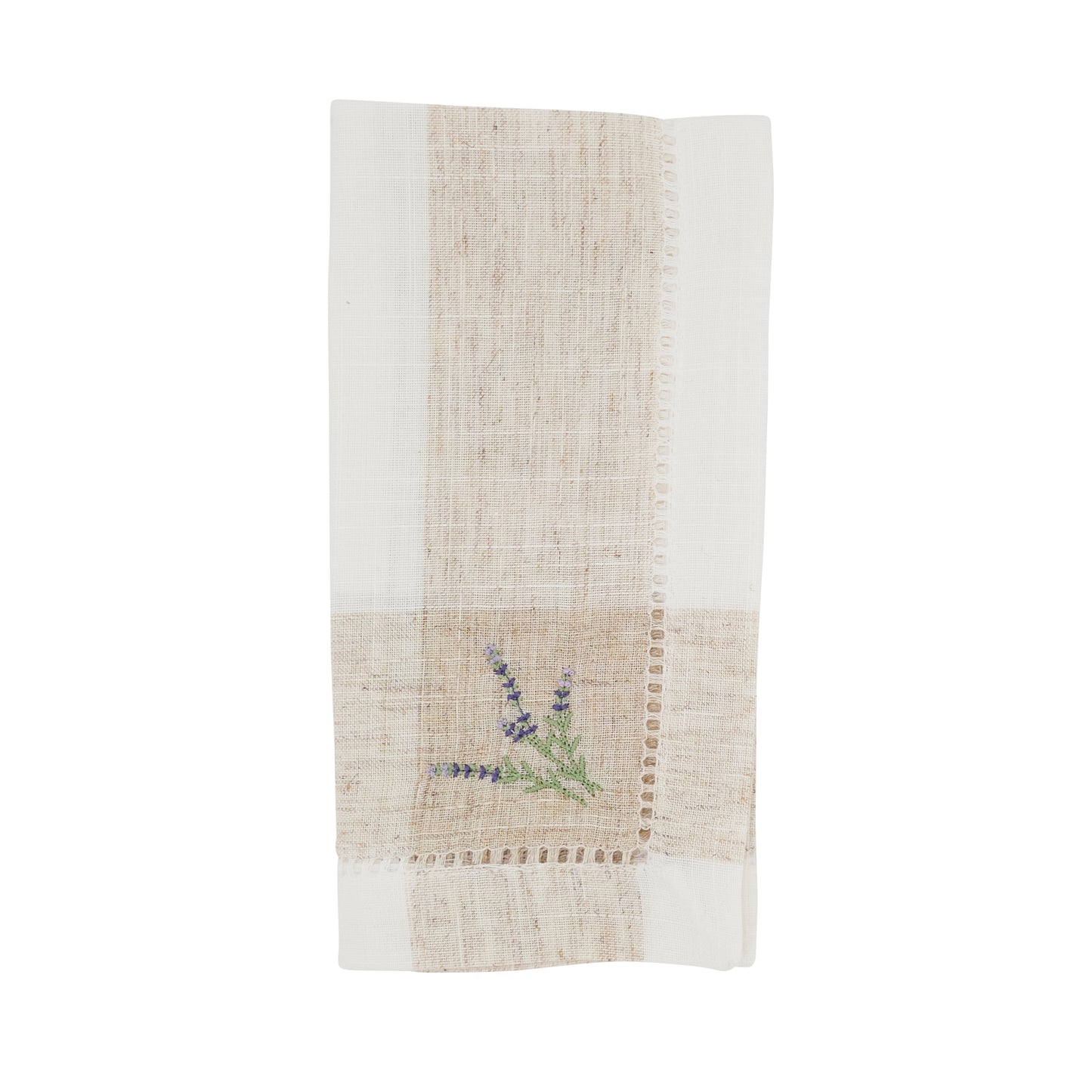Ivory Embroidered Lavender Hemstitch Napkins 94% polyester - 6% linen, 20 Inch Square (4 pcs.)