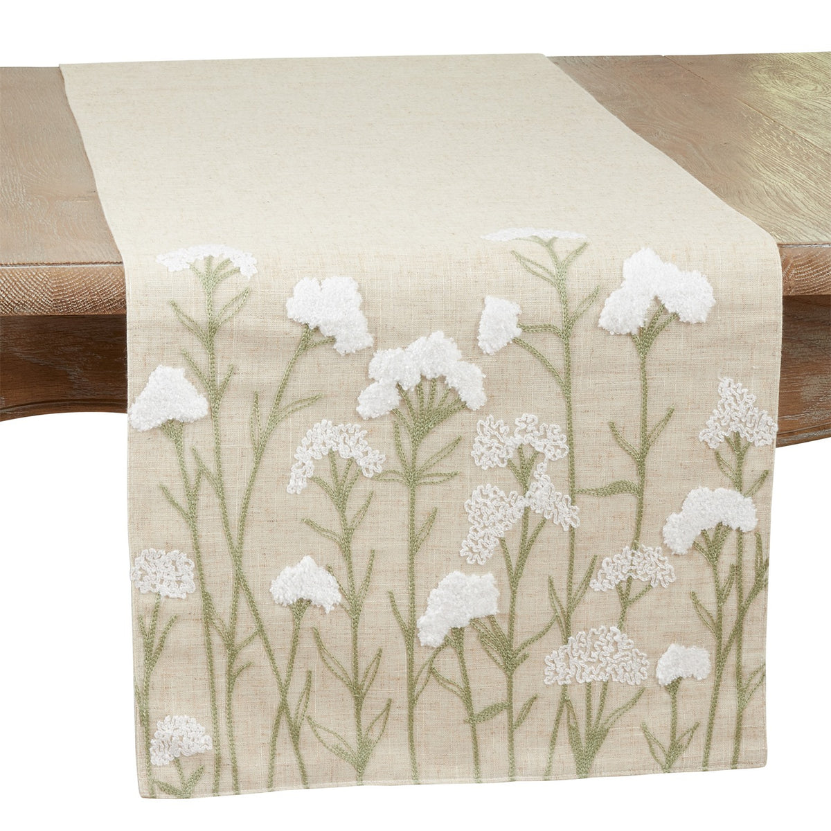Everyday / All Season Natural Beige Embroidered Flowers Table Runner, 80% polyester - 20% linen
