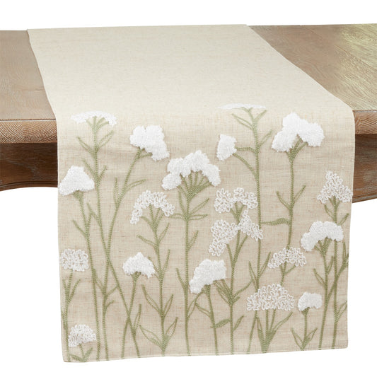 Everyday / All Season Natural Beige Embroidered Flowers Table Runner, 80% polyester - 20% linen