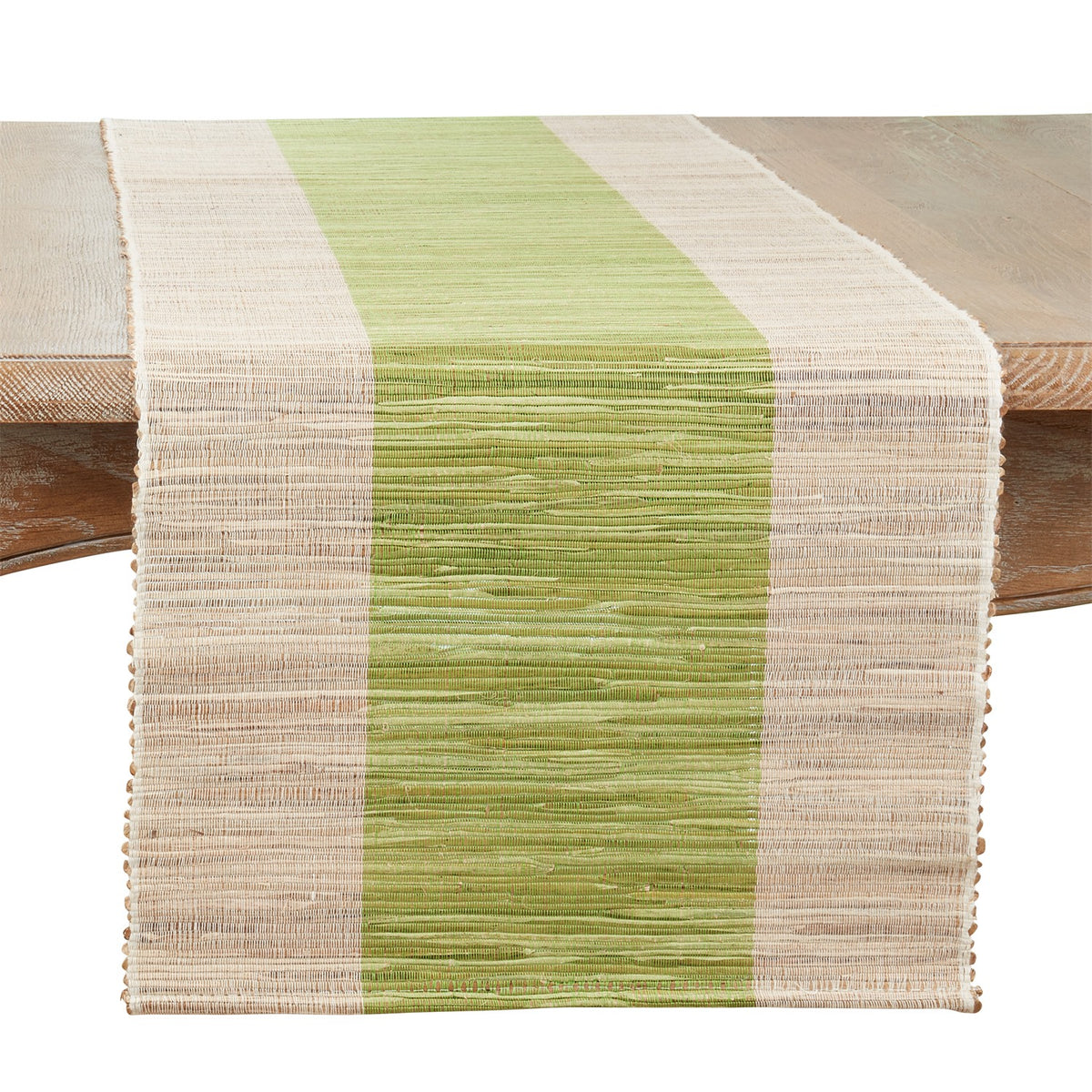Everyday / All Season Green Shimmering Banded Table Runner, 95% water hyacinth - 5% polyester