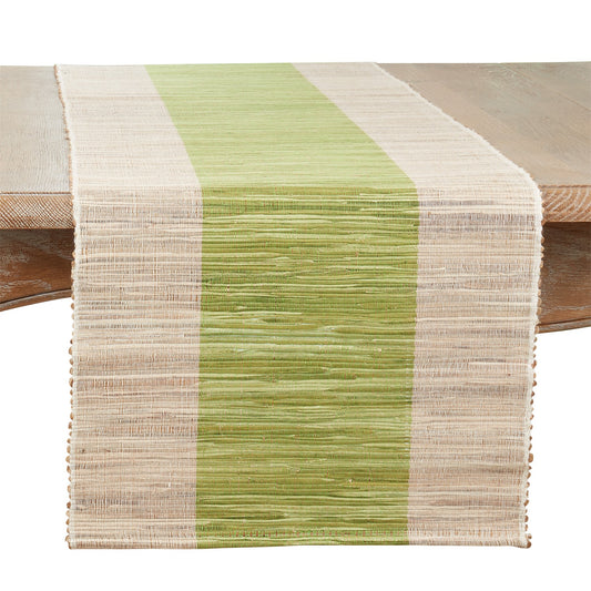 Everyday / All Season Green Shimmering Banded Table Runner, 95% water hyacinth - 5% polyester