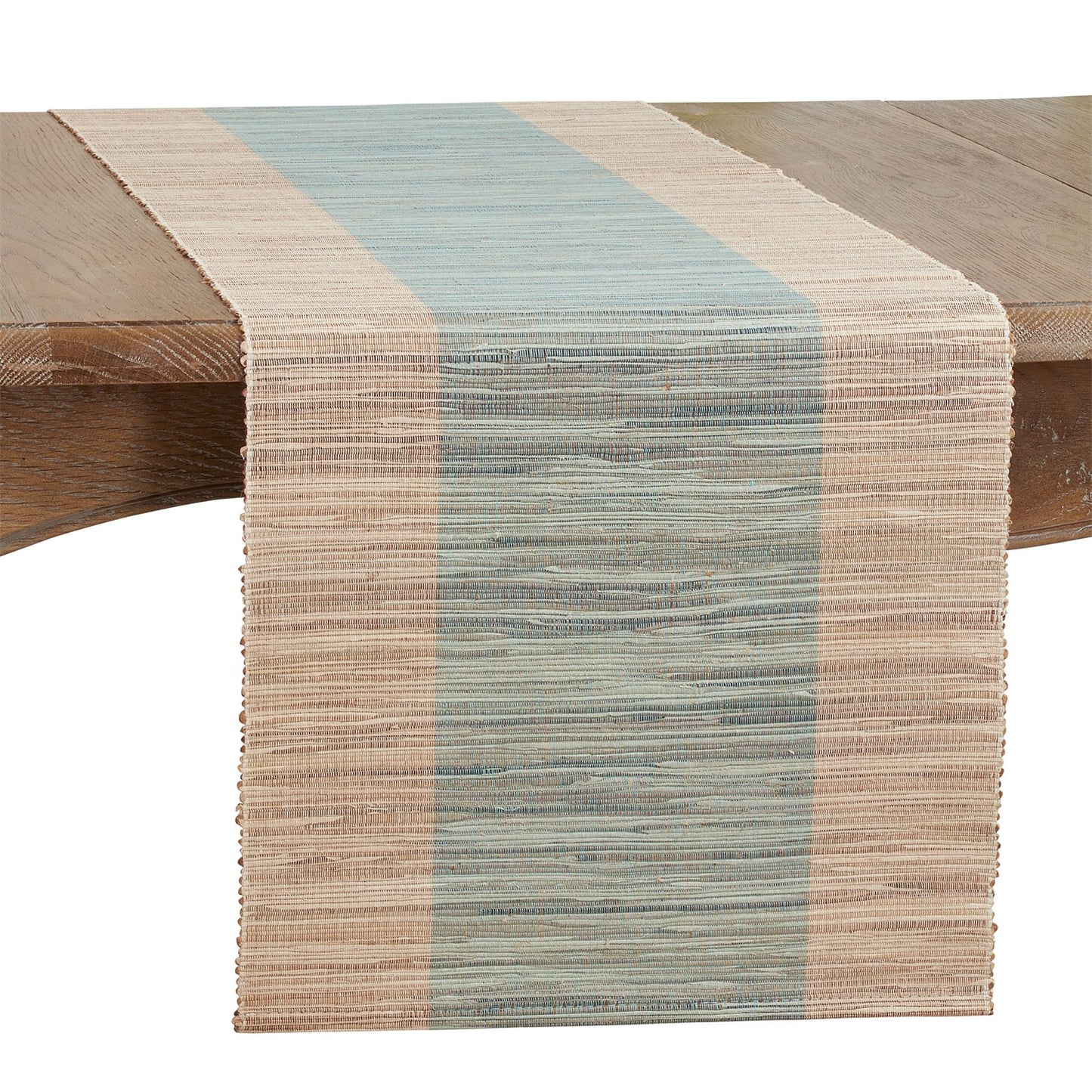 Everyday / All Season Turquoise Blue Shimmering Banded Table Runner, 95% water hyacinth - 5% polyester
