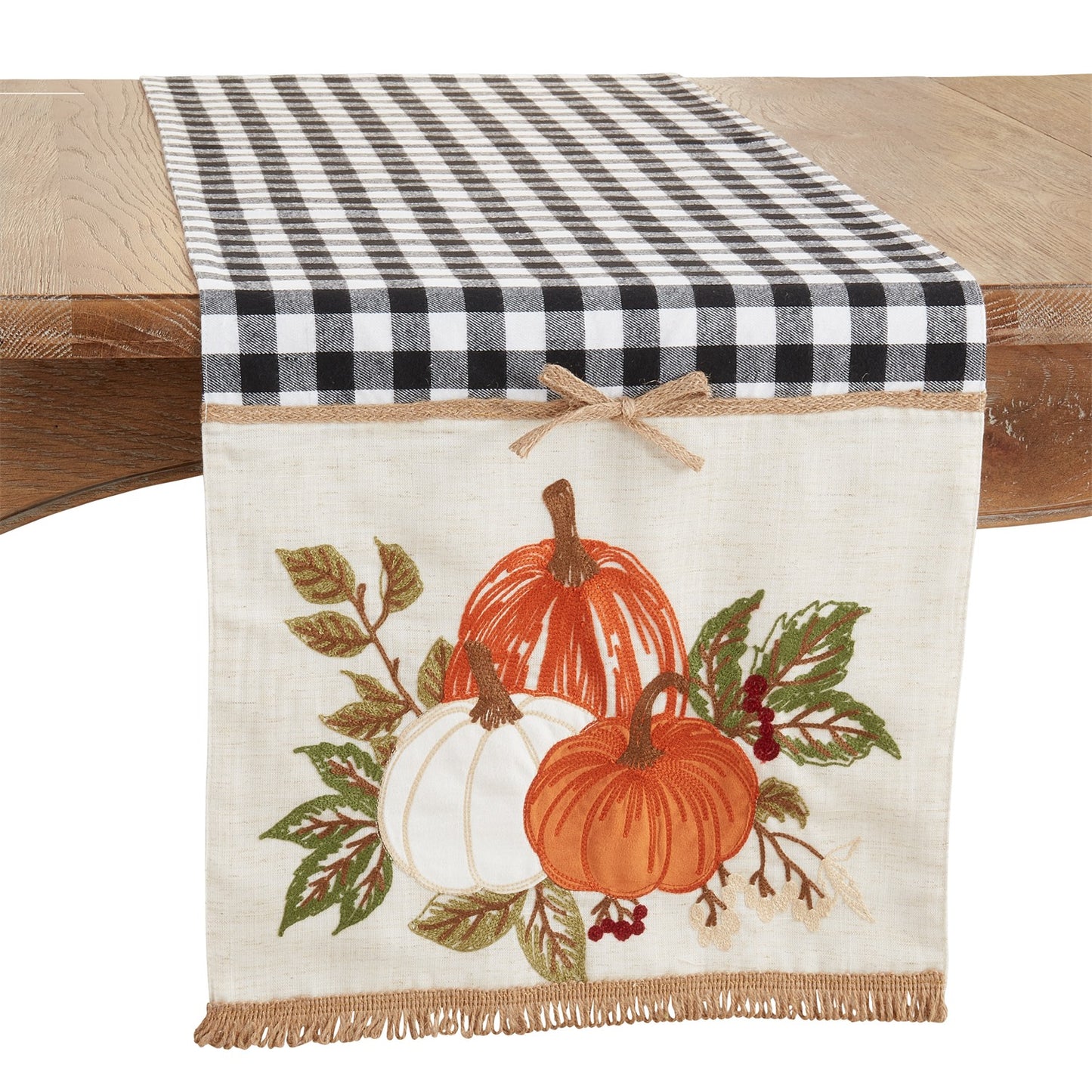 Thanksgiving / Fall Harvest Black/White Plaid Embroidered Pumpkins Table Runner, front: 100% polyester, back: 80% polyester - 20% linen