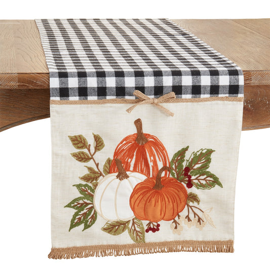 Thanksgiving / Fall Harvest Black/White Plaid Embroidered Pumpkins Table Runner, front: 100% polyester, back: 80% polyester - 20% linen