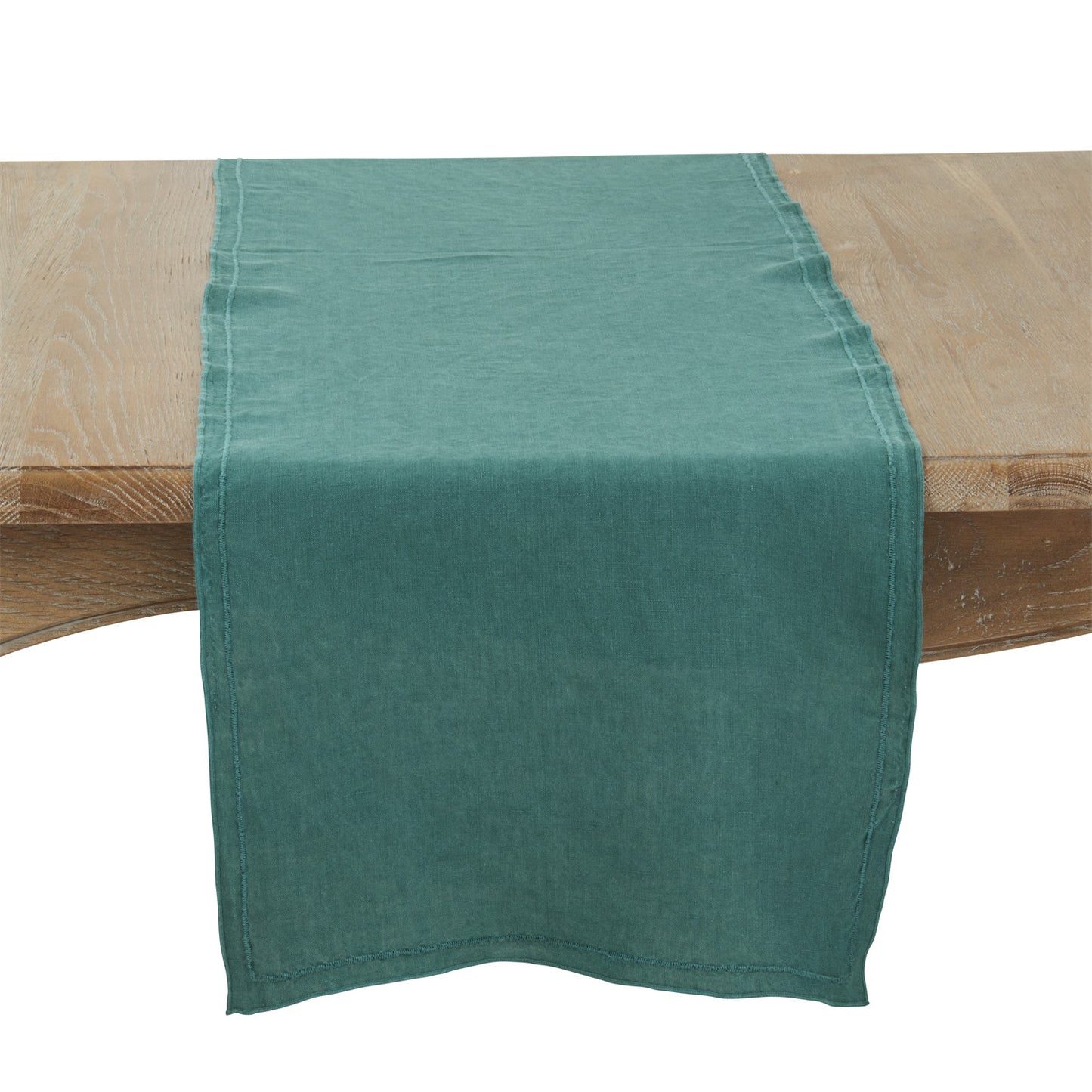 Everyday / All Season Jasper Green Stonewashed Overlock Border Table Runner, 100% linen