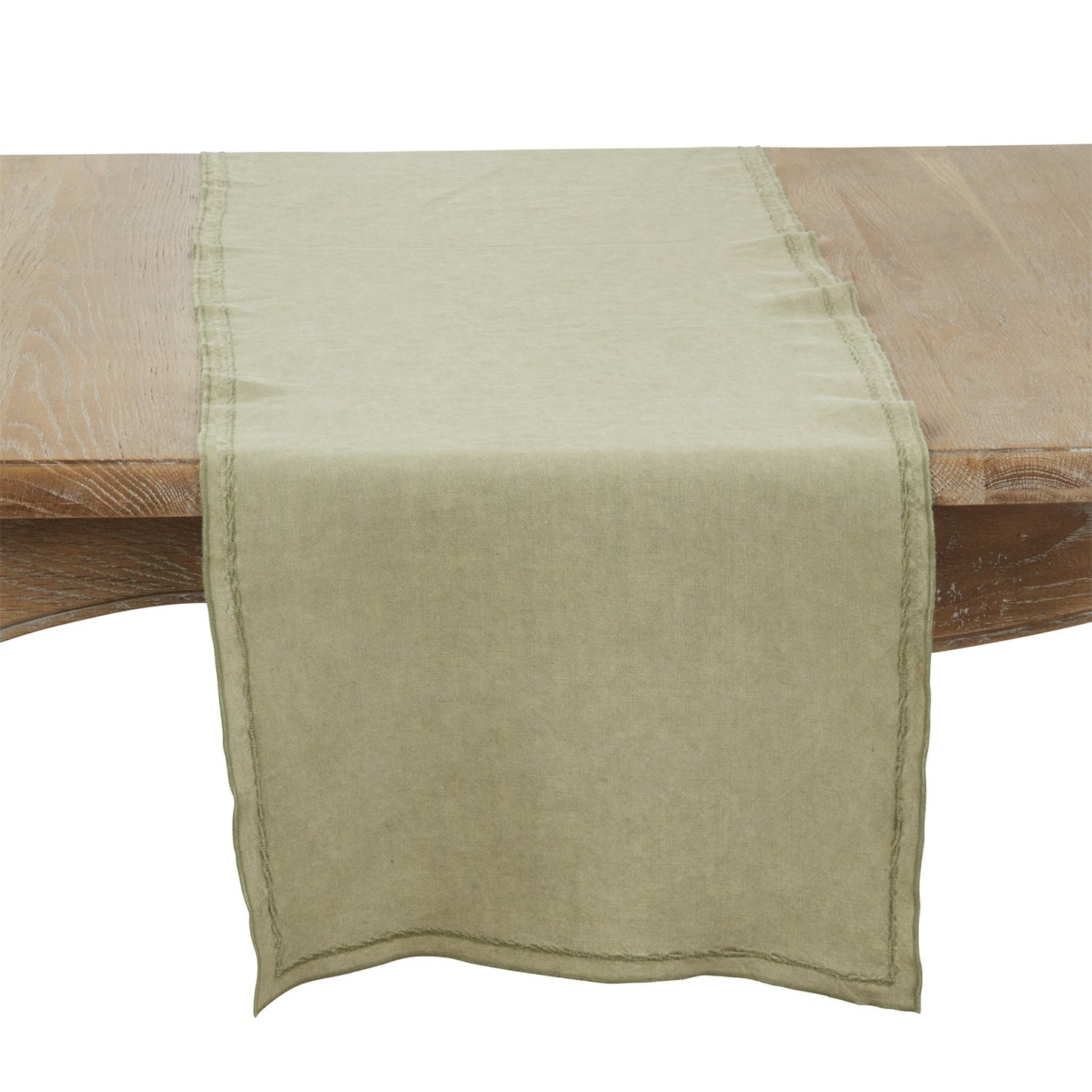 Everyday / All Season Olive Stonewashed Overlock Border Table Runner, 100% linen