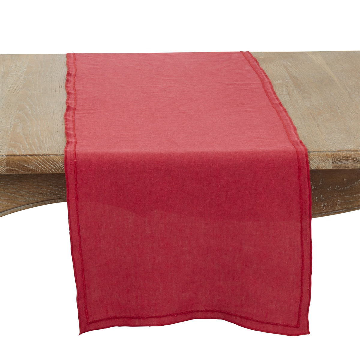 Everyday / All Season Red Stonewashed Overlock Border Table Runner, 100% linen
